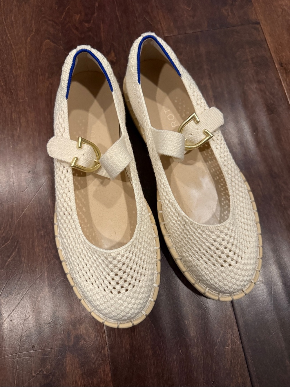 Rothy's Cream Woven Mary Jane Flats with Gold Buckle